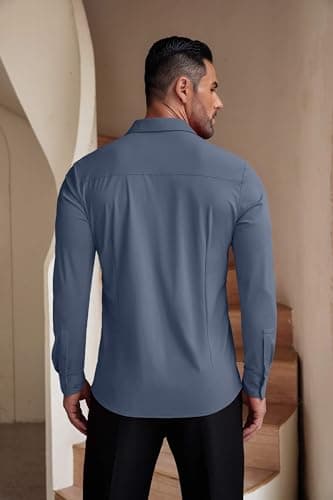 COOFANDY Men's Button Up Shirts Long Sleeve Untucked Dress Shirt Regular Fit Button Down Shirt Denim Blue - Image 7