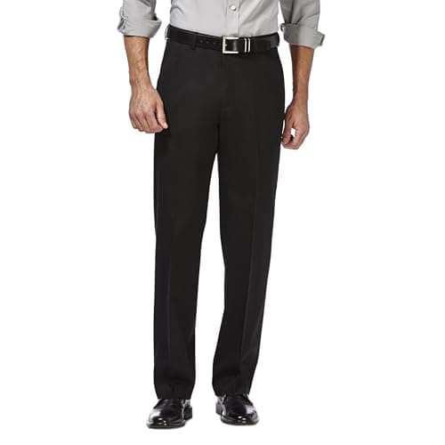Haggar mens Premium No Iron Khaki Classic Fit Expandable Waist Flat Front Pant, Black, 38x34 - Image 1