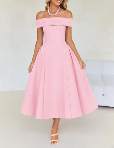 ZESICA Cocktail Dresses for Women's Elegant Off Shoulder Short Sleeve Swing A Line Wedding Evening Party Midi Dress,Pink,Medium - Image 7