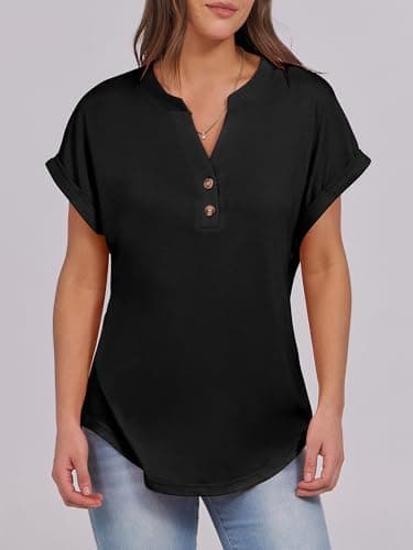 ANRABESS Womens Short Sleeve Henley Tops V Neck Dressy Casual Blouses Summer Trendy Tee Shirts 2025 Vacation Fashion Clothes Black XXL - Image 2