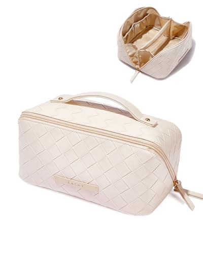 EACHY Travel Makeup Bag, Large Capacity Cosmetic Bags for Women, Waterproof Portable Open Flat Toiletry Bag Make up Bag with Divider and Handle (Checkered-White, Medium) - Image 1