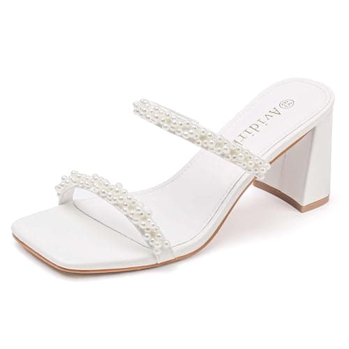 Avidirk Pearl White Heels Sandals Women's Square Open Toe Heeled Sandals Two Strap Mules Slip On Block Chunky Mid Heeled - Image 1