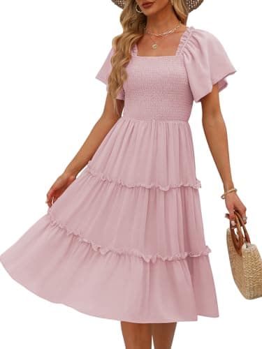 LILLUSORY Women Dresses Spring Summer 2025 Midi Graduation Bridal Baby Shower Casual Flowy Boho Sun Sundress Trendy Brunch Cute Ladies Vacation Beach Fashion Smocked Teacher Clothes Outfits Pink S - Image 1