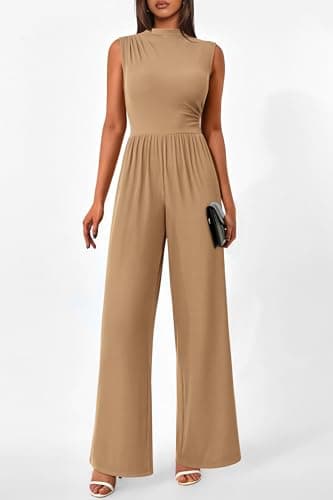 PRETTYGARDEN Womens Summer Jumpsuits Dressy Casual One Piece Outfits Sleeveless Mock Neck Wide Leg Pants Rompers with Pockets (Style2-Camel,Medium) - Image 6