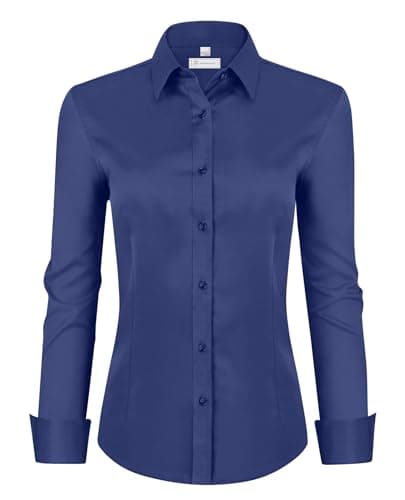 siliteelon Dress Shirts for Women Long Sleeve Button Down Shirts for Women Work Shirts Office Blouse Top Dark Blue X-Small - Image 1