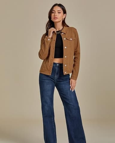 luvamia Women's Classic Casual Long Sleeves Jacket Basic Button Down Trucker Jacket Coat Brown Size X-Large - Image 7