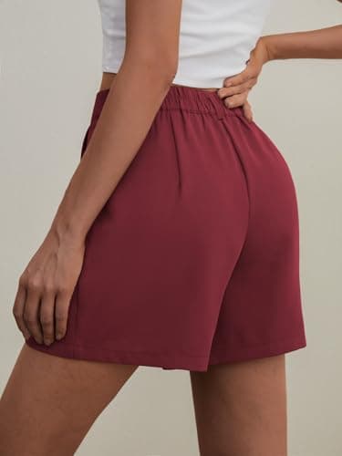 Feiersi Womens Casual Elastic Waist Wide Leg Suit Tailored Shorts Summer Dressy Work Shorts with Pockets(Wine Red,Small) - Image 3