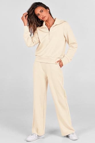 PRETTYGARDEN Women's 2 Piece Outfits Casual Lapel Half Zip Sweatshirts And Wide Leg Pants Tracksuit Sets (Beige,X-Small) - Image 4