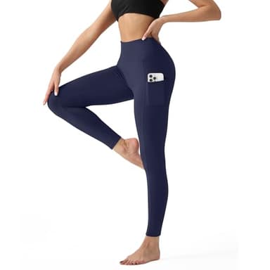 High Waisted Leggings for Women with Pockets - Tummy Control Yoga Pants for Workout Running Athletic No See Through Navy Blue - Image 1
