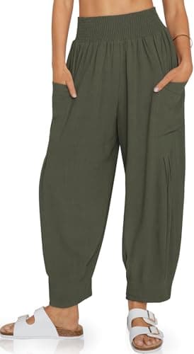 TARSE Women Linen Pants 2025 Summer Casual Loose Boho Wide Leg High Waisted Harem Pant with Pockets, ArmyGreen, L - Image 2