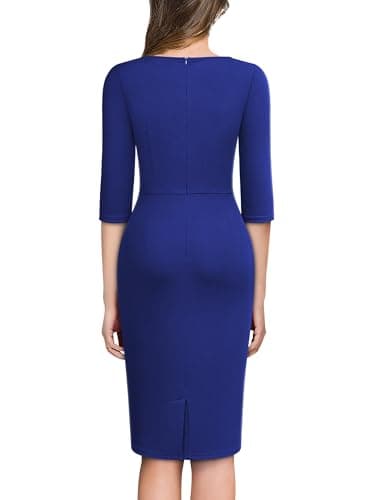 AISIZE Women's 1940s Retro 3/4 Sleeve Tie Waist Business Work Pencil Dress Royal Blue - Image 2