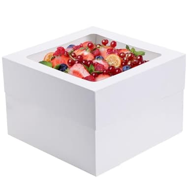 Moretoes 5pcs Cake Boxes, 12x12x8 Inch White Bakery Box with Window, Large Baking Boxes, Square Cake Box for Multi-Layer Cakes, Pastries, Cake Decorating Supplies - Image 1
