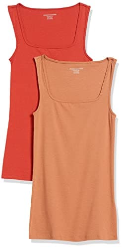 Amazon Essentials Women's Slim Fit Square Neck Tank Top, Pack of 2, Brick Red/Light Caramel, X-Large - Image 1