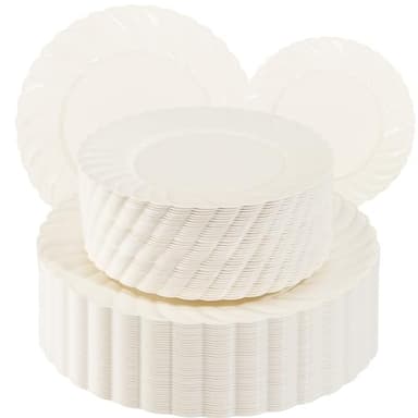 U-QE 100 Piece Ivory Scalloped Plastic Plates for Party - Small Plate, Plastic Plates Disposable Heavy Duty - High End Disposable Plates for Party Including 50PCS 9'' & 50PCS 6.5'' - Image 1