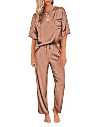 Ekouaer Womens Silk Satin Pajamas Set Two Piece Pj Sets Sleepwear Loungewear Short Sleeve Pj Sets Coffee - Image 1