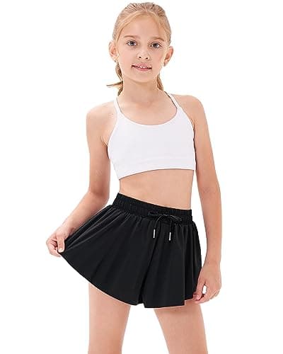 Stelle Girls Flowy Shorts with Pockets Athletic Running Skirt High Waist Butterfly 2 in 1 Sports Short 5-16 Years(Black,XL) - Image 1