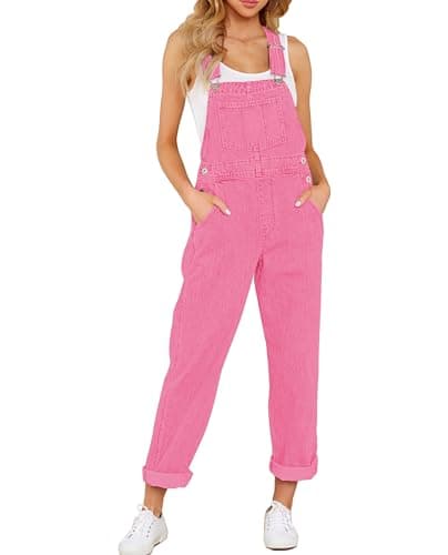 Luvamia Women's Loose Fit Classic Bib Overall Jumpsuit - Stretchy Denim, Tapered Leg, Candy Pink (Size 4/6) - Image 1