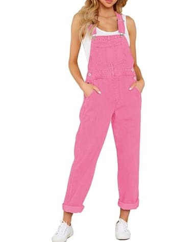 Luvamia Women's Loose Fit Classic Bib Overall Jumpsuit - Stretchy Denim, Tapered Leg, Candy Pink (Size 4/6) - Image 1