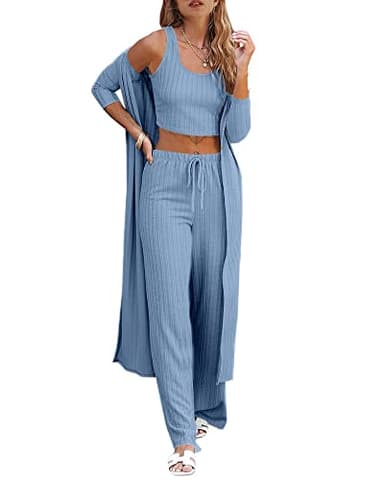 Fessceruna Womens 3 Piece Lounge Sets Pajamas Knit Long Sleeve Cardigan Crop Top Wide Leg Pants Loungewear Set A-blue - Image 1