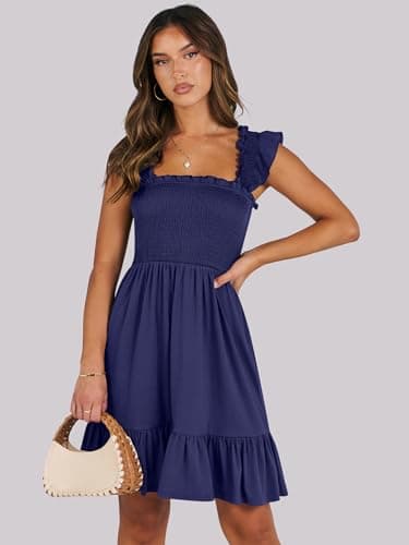 ANRABESS Women's Summer Casual Sleeveless Square Neck Dress 2025 Smocked Ruffle Backless Boho Beach Cute Teen Short Sundress Navy Blue Medium - Image 2