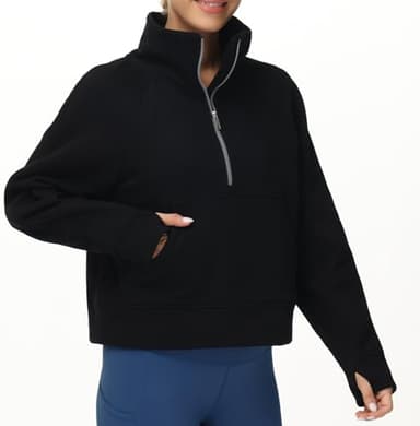 Women's Half Zip Pullover Sweatshirt Fleece Stand Collar Crop Sweatshirt with Pockets Thumb Hole Black - Image 2
