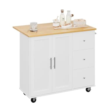 Shintenchi Rolling Kitchen Island Cart with Folding Drop Leaf Breakfast Bar, Portable Trolley Island with Large Storage Cabinet, Shelf and Drawer, White - Image 7