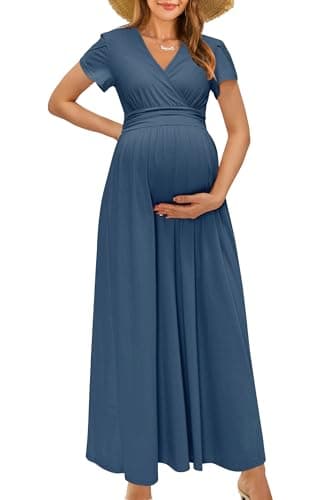 OUGES Short Sleeve Summer Maternity Maxi Dresses for Women 2025 Wrap V Neck Wedding Guest Dress Casual Spring Long Dress(Gray Blue,M) - Image 1