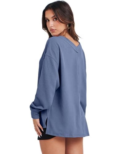 ANRABESS Oversized Long Sleeve Shirts for Women Off the Shoulder Sweatshirt Loose V Neck Tunic Tops High Low Sweater 2025 Small Grey Blue - Image 4