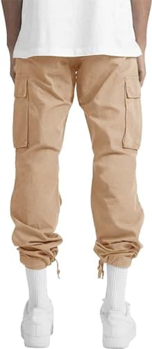 HUNGSON Mens Cargo Pants Drawstring Casual Hiking Pants Joggers Athletic Trousers Cotton Loose Straight Sweatpants for Men Light Khaki - Image 4