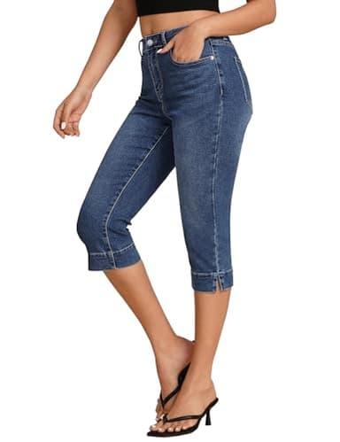 luvamia Capri Jeans for Women Trendy High Waisted Slim Split Hem Stretch Denim Jean Capris Cropped Pants Casual Summer Capri Jeans for Women Dark Atlantic Blue Medium Fits Size 8 / Size 10 - Image 1