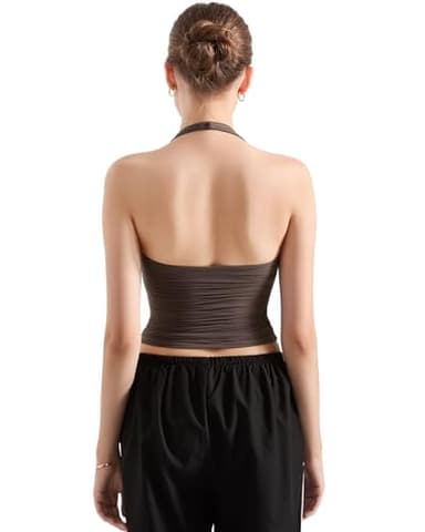 SUUKSESS Women Halter Tank Tops Double Lined Basic Backless Y2K Trendy Going Out Tops (Brown,S) - Image 4