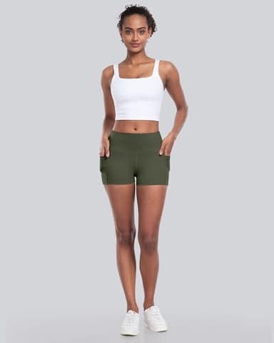 CHRLEISURE Womens Biker Yoga Shorts with Pockets: High Waisted Tummy Control Spandex Workout Athletic Gym Shorts 4 Packs(3'' Black,Gray,Navy,Green, L) - Image 3