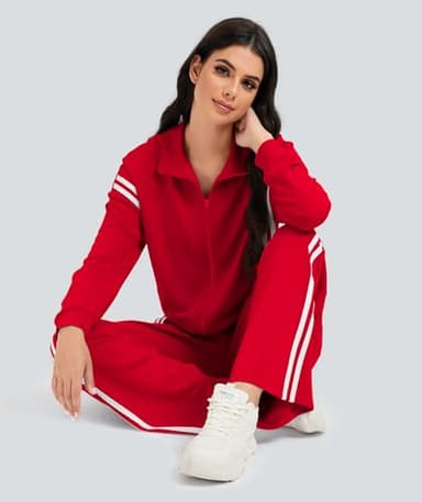 Casly Lamiit Women's Athletic Clothing Sets 2 Piece Lounge Outfits Track Sweatsuit 2-Stripes Sweatshirt Wide Leg Pants Airport Travel Activewear Red S - Image 6