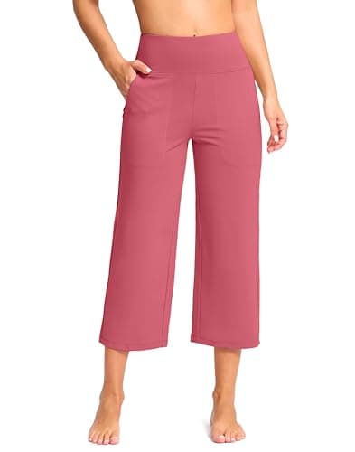 Women's Capri Pants with Pockets High Waist Yoga Pants Wide Leg Workout Crop Summer Pants for Casual, Travel, Exercise(Berry Rose, S) - Image 1