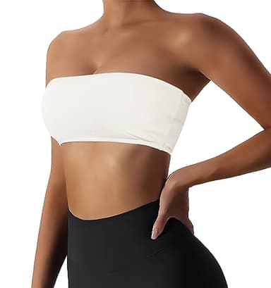 Boudaner Women’s Padded Bandeau Sports Tube Top Bra Strapless Wireless Solid Seamless Yoga Workout Bralette White - Image 1