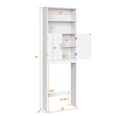 Yaheetech Over The Toilet Storage, Taller Bathroom Organizer Space-Saving Storage Cabinet with Adjustable Shelves and Double Doors, 77 in H, White - Image 2