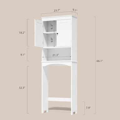 Gizoon Over The Toilet Storage Cabinet with Adjustable Shelf and Double Doors, Bathroom Space Saver Organizer Above Toilet with Open Shelf, Taller Wooden Free Standing Toilet Rack -White - Image 2