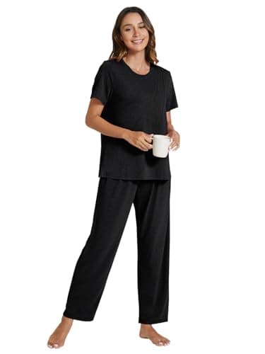 POKWAI Womens Pajama Sets Summer Short Sleeve Long Pants Pajamas Set Soft 2 Piece Pjs Ladies Pajamas Sleepwaer Pj(Black,XX-Large) - Image 4