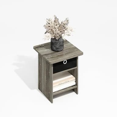 Furinno Dario End Table, Side Table, Storage Shelf with Bin Drawer, Grey Oak/Black - Image 1