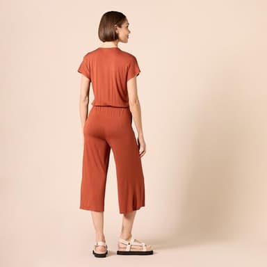 Amazon Essentials Women's Short-Sleeve Surplice Cropped Wide-Leg Jumpsuit with Elastic Waist, Clay, X-Large - Image 3