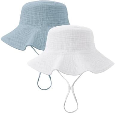 Konssy 2 Pack Muslin Baby Sun Hat UPF 50+ Sun Protection Baby Bucket Hat Summer Beach Hats with Wide Brim for Boys & Girls Blue-White - Image 1