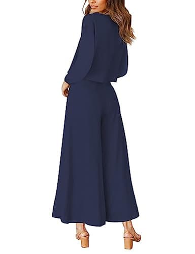 ROYLAMP Women's Fall 2 Piece Outfits Long Sleeve Round Neck Crop Top Wide Leg Pants Set with Pockets Navy Blue XXL - Image 2