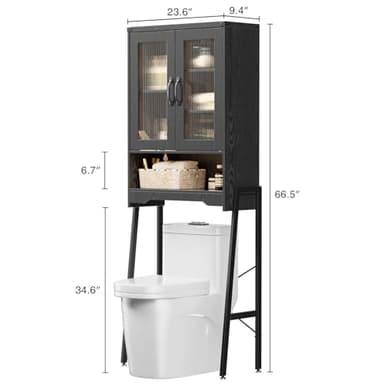 Over The Toilet Storage Cabinet with Tempered Glass Doors & Adjustable Shelf, Bathroom Organizer with Metal Stand Space Saver Over Toilet , Tall Freestanding Shelf/Rack for Bathroom, Black - Image 2