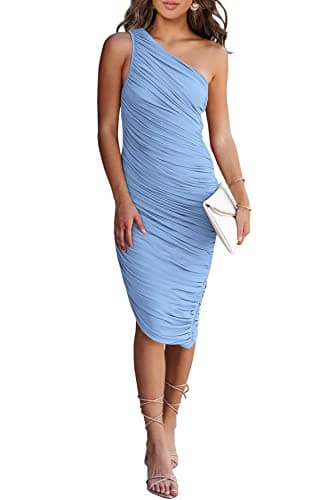 PRETTYGARDEN One Shoulder Dresses for Women 2025 Summer Ruched Mesh Asymmetrical Cocktail Wedding Guest Bodycon Dress (Light Blue,Medium) - Image 1