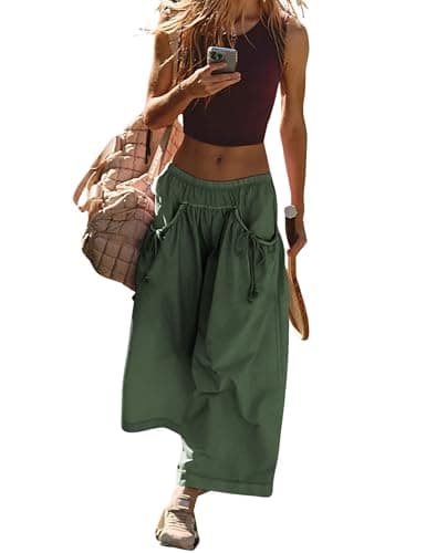Hooever Women's Loose Wide Leg Track Pants Drawstring Pockets Elastic Waist Capri Hiking Pants(ArmyGreen-S) - Image 1