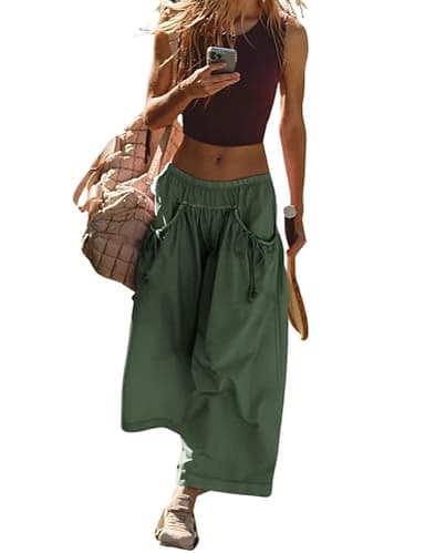 Hooever Women's Loose Wide Leg Track Pants Drawstring Pockets Elastic Waist Capri Hiking Pants(ArmyGreen-S) - Image 1