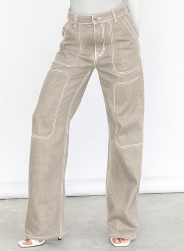 Dokotoo Womens Casual High Waisted Cargo Jeans for Women Wide Leg Boyfriend Denim Pants Apricot Size 8 - Image 3