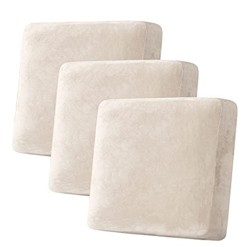 H.VERSAILTEX Velvet Stretch Couch Cushion Cover Plush Cushion Slipcover for Chair Loveseat Sofa Cushion Furniture Protector Seat Cushion Sofa Cover (3 Piece XL Sofa Cushion Covers, Ivory) - Image 1