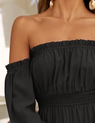 ZESICA Women's 2025 Boho Sexy Off Shoulder Long Sleeve Smocked High Waist Side Split Flowy A Line Tiered Long Maxi Dress,DarkBlack,Medium - Image 6