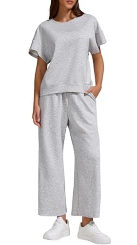 YETOWA Women’s Air Layer Fabric Two Piece Set Stylish Crop Top & Wide Leg 3/4 Pants Lounge Matching Tracksuit - Image 1